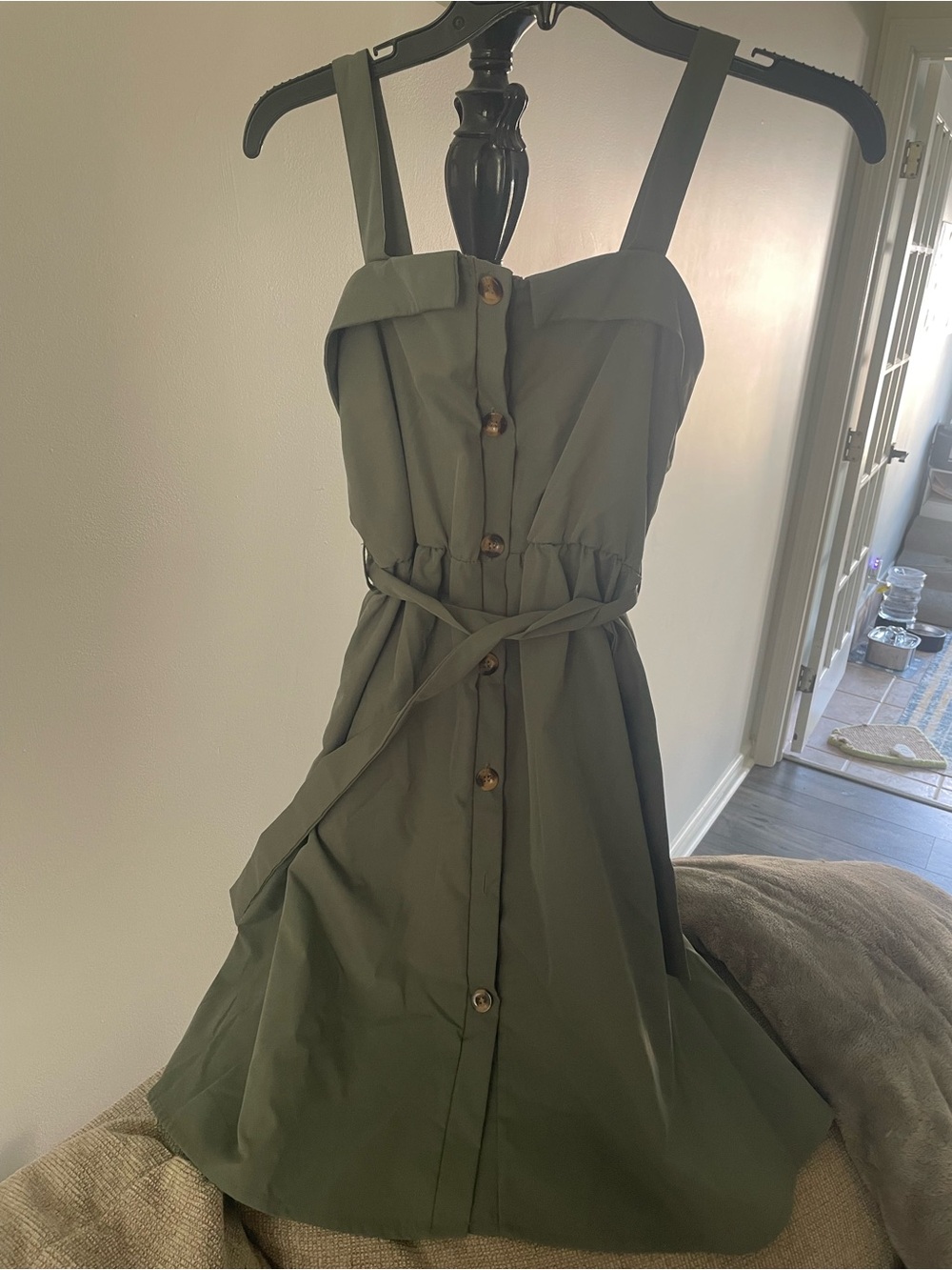 SHEIN Olive Green Button-Front Midi Dress with Tie Waist